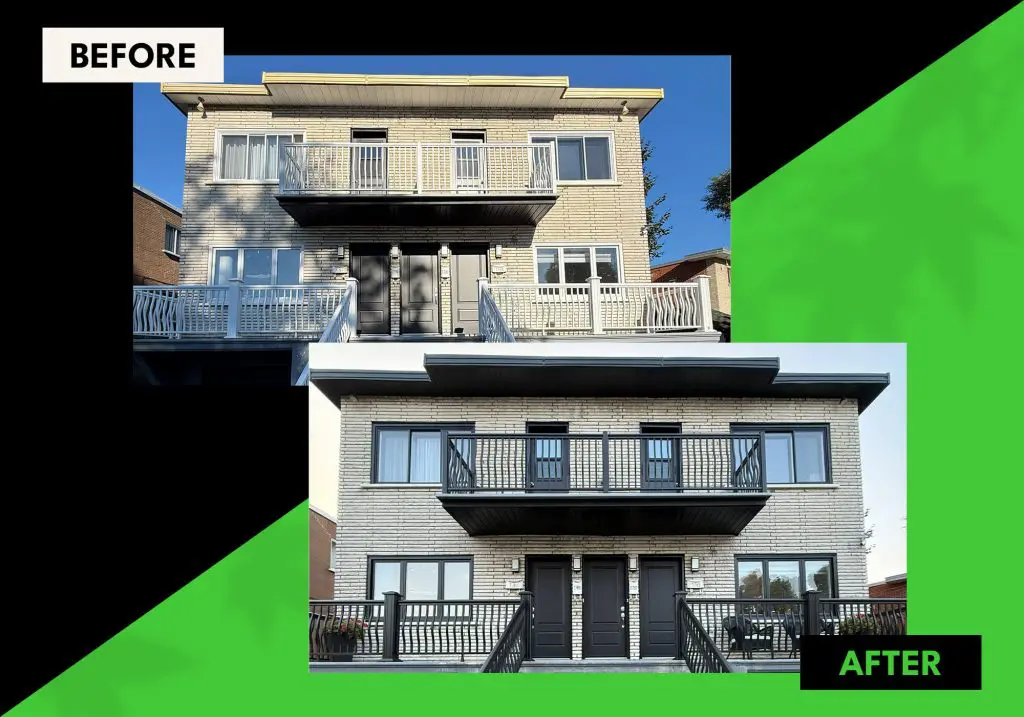 Before and after exterior renovation of a brick multi-family home by Pro Paint Plus featuring modern black window frames and updated railings.