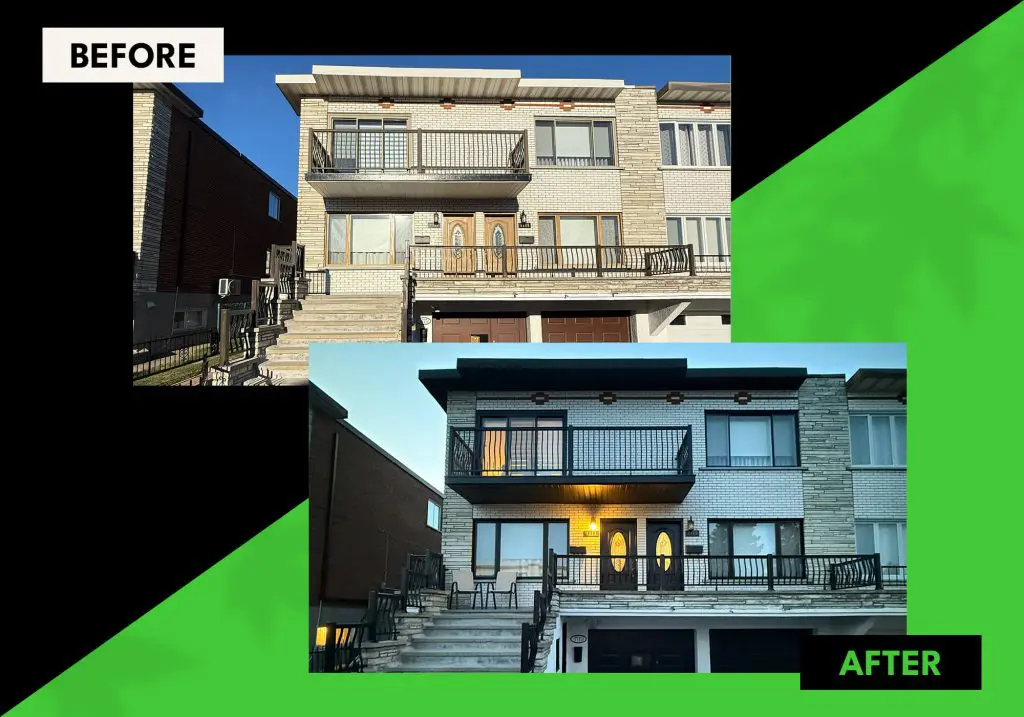 Dramatic bungalow curb appeal makeover showing a before and after transformation of painted brick and trim by Pro Paint Plus.