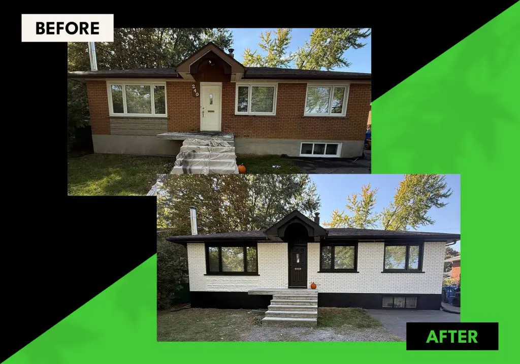 Dramatic bungalow curb appeal makeover showing a before and after transformation of painted brick and trim by Pro Paint Plus.