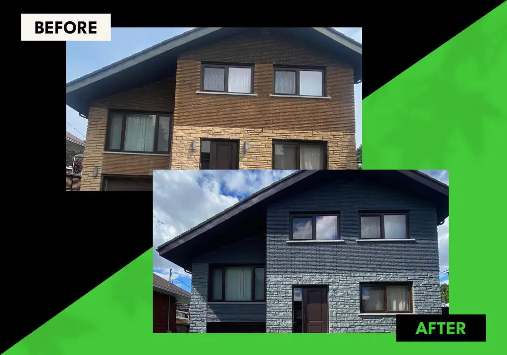 Before and after transformation of a home exterior renovation featuring expert stone and siding painting by Pro Paint Plus.