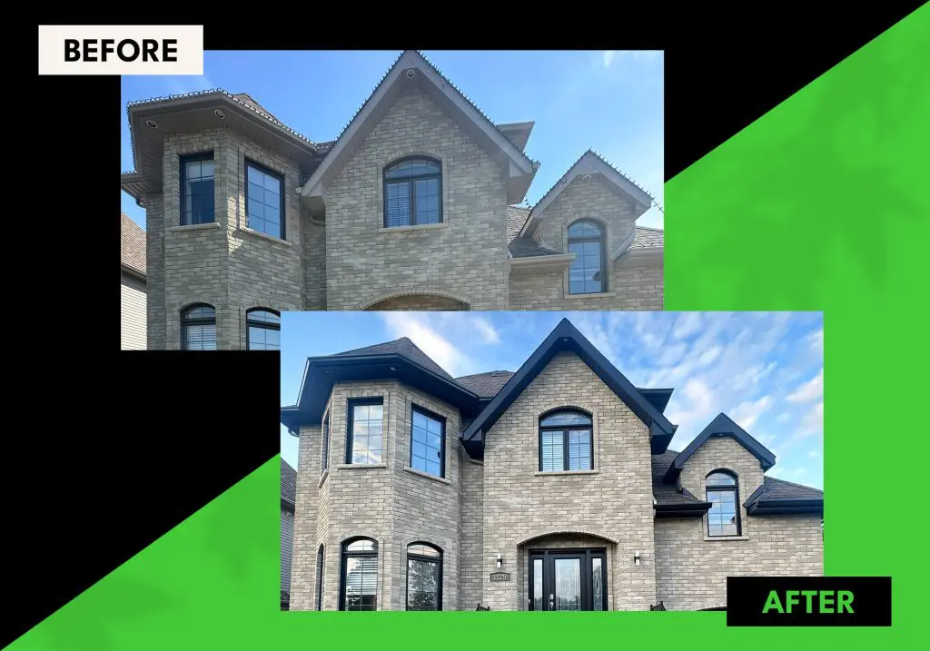 Before and after transformation of a brick home exterior featuring professional soffit and fascia painting by Pro Paint Plus.