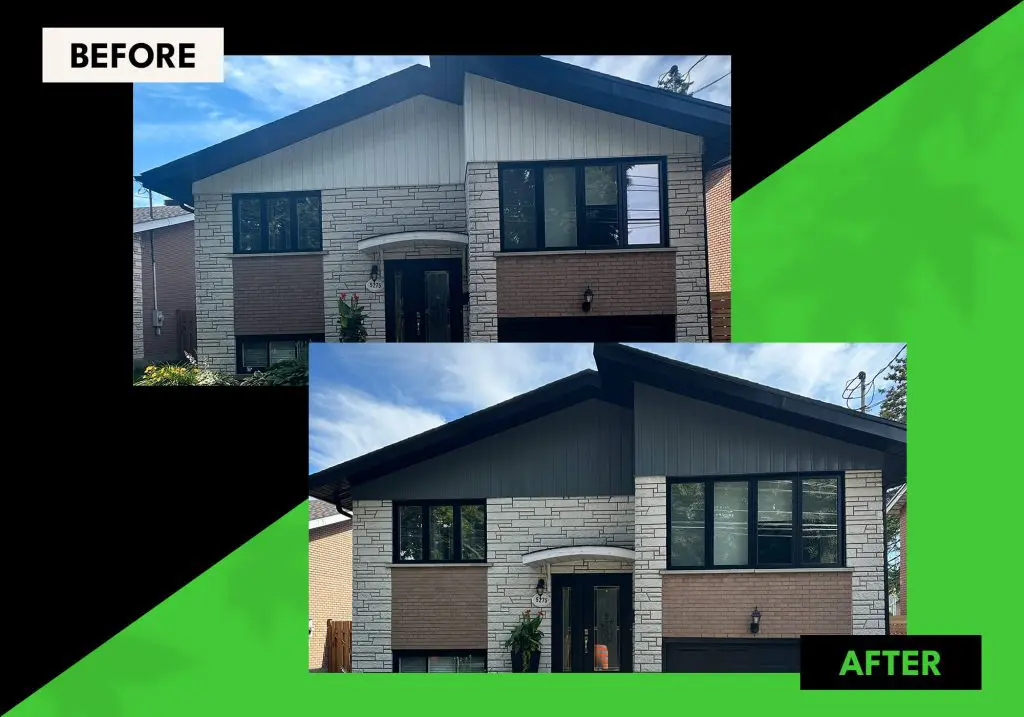 Before and after exterior siding renovation by Pro Paint Plus showcasing a custom dark charcoal paint application on upper gables and window frames for a refreshed aesthetic.