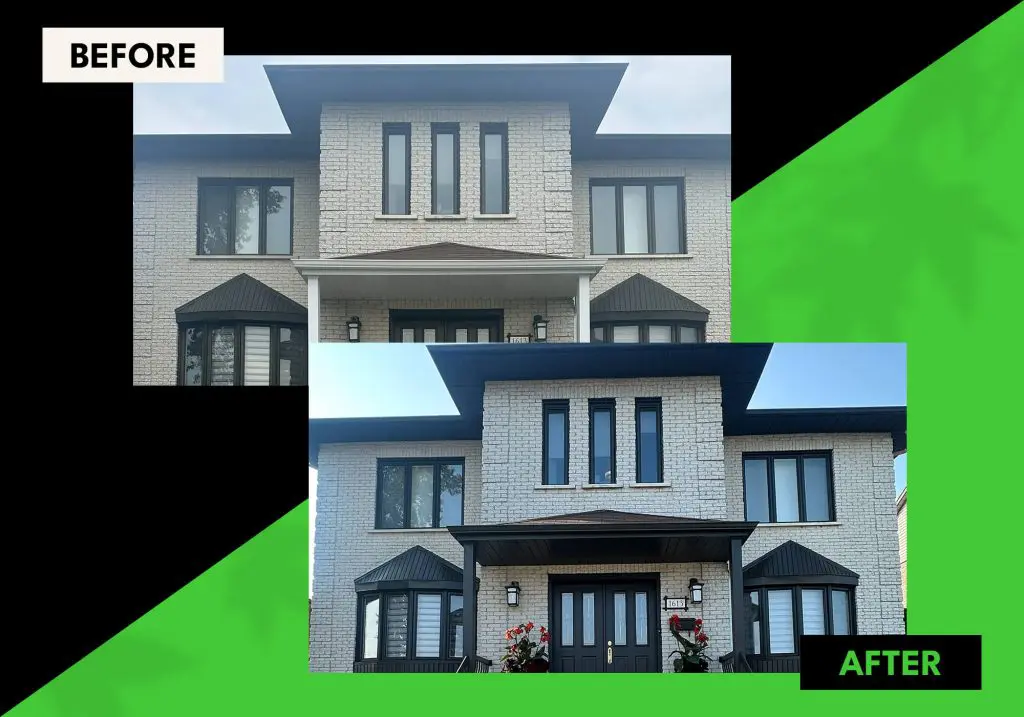 Before and after exterior house transformation by Pro Paint Plus featuring a modern black soffit and porch ceiling update.
