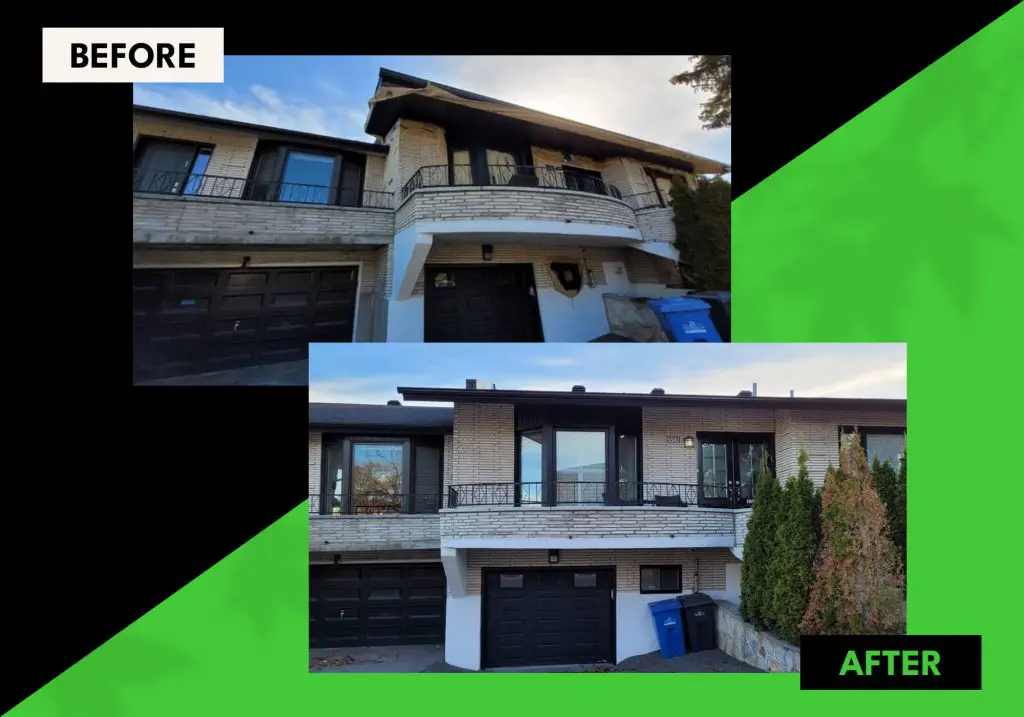 Before and after comparison of a residential exterior painting project by Pro Paint Plus featuring updated black trim and garage doors.