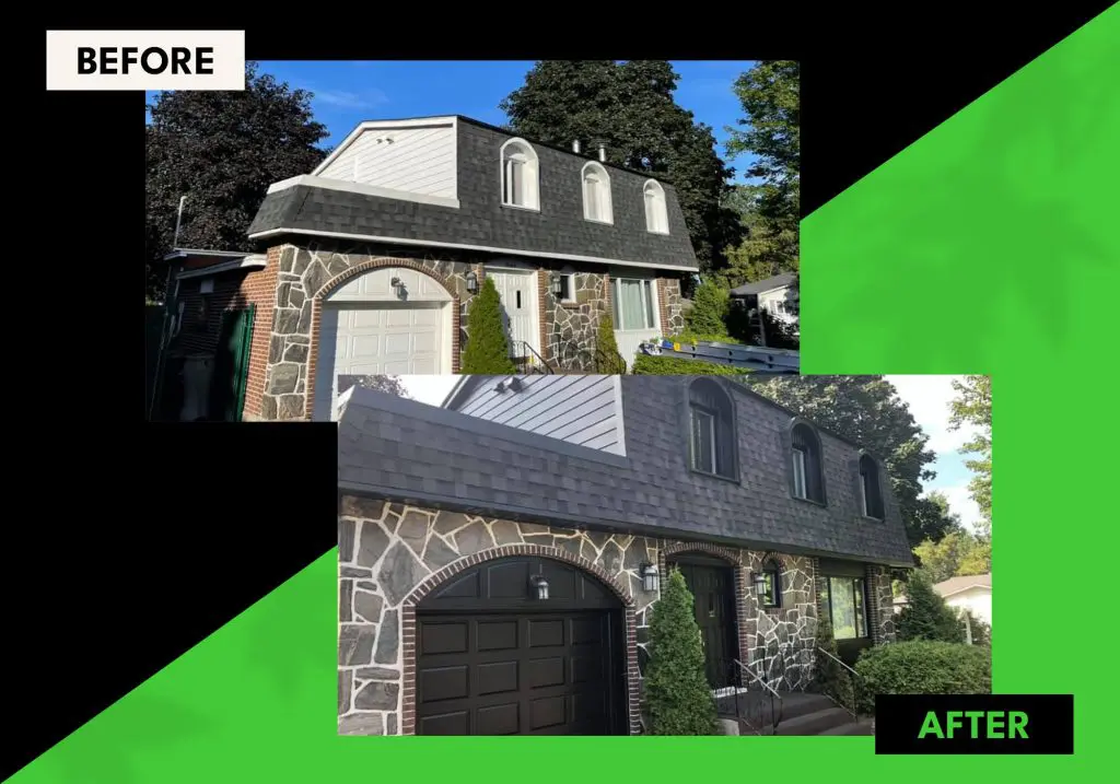 Residential exterior transformation by Pro Paint Plus featuring a modern black garage door and trim update.