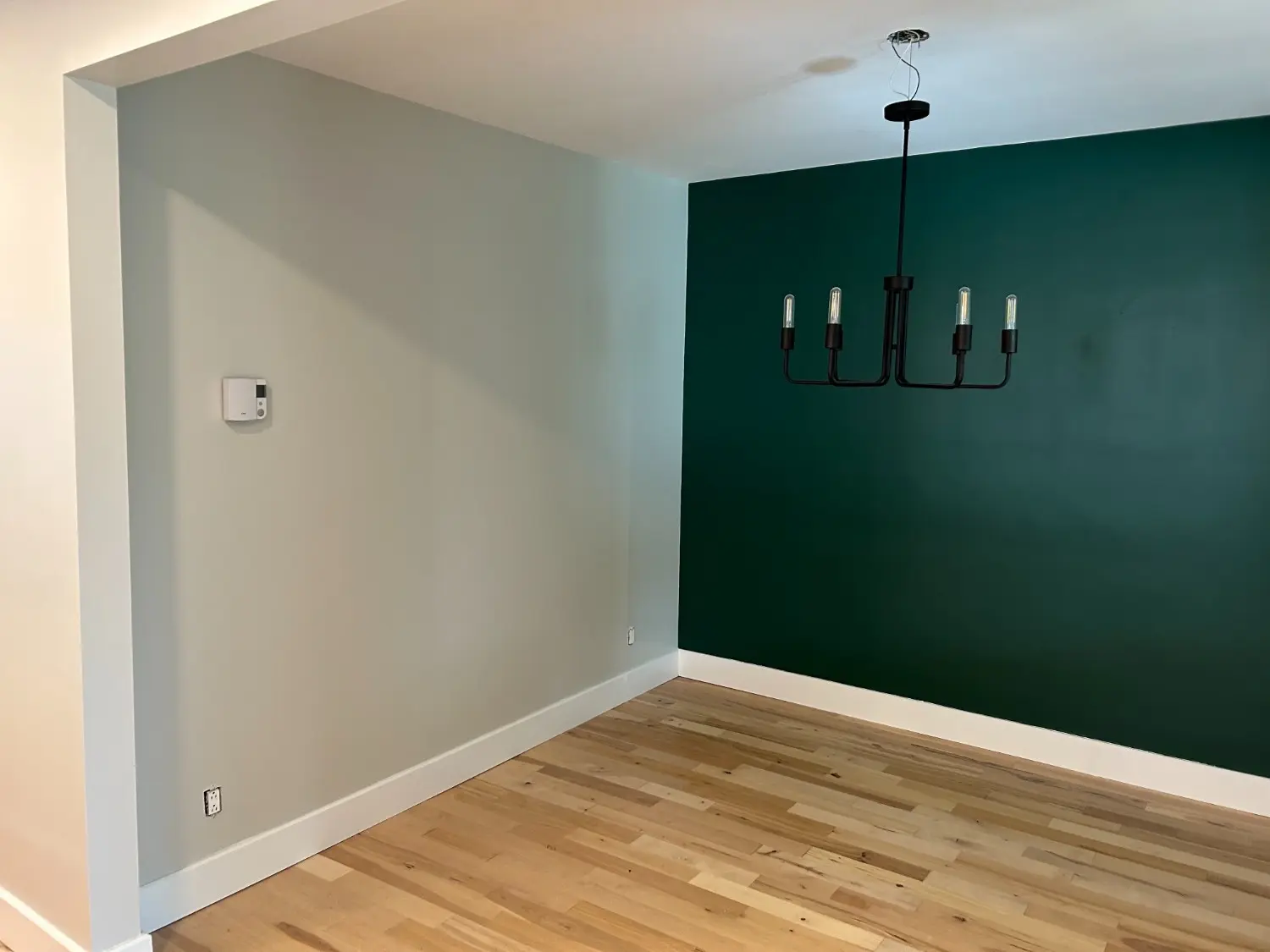 Pièce résidentielle intérieure par Pro Paint Plus, présentant un mur d’accent vert émeraude profond ainsi que des finitions neutres gris clair et un plancher de bois franc.