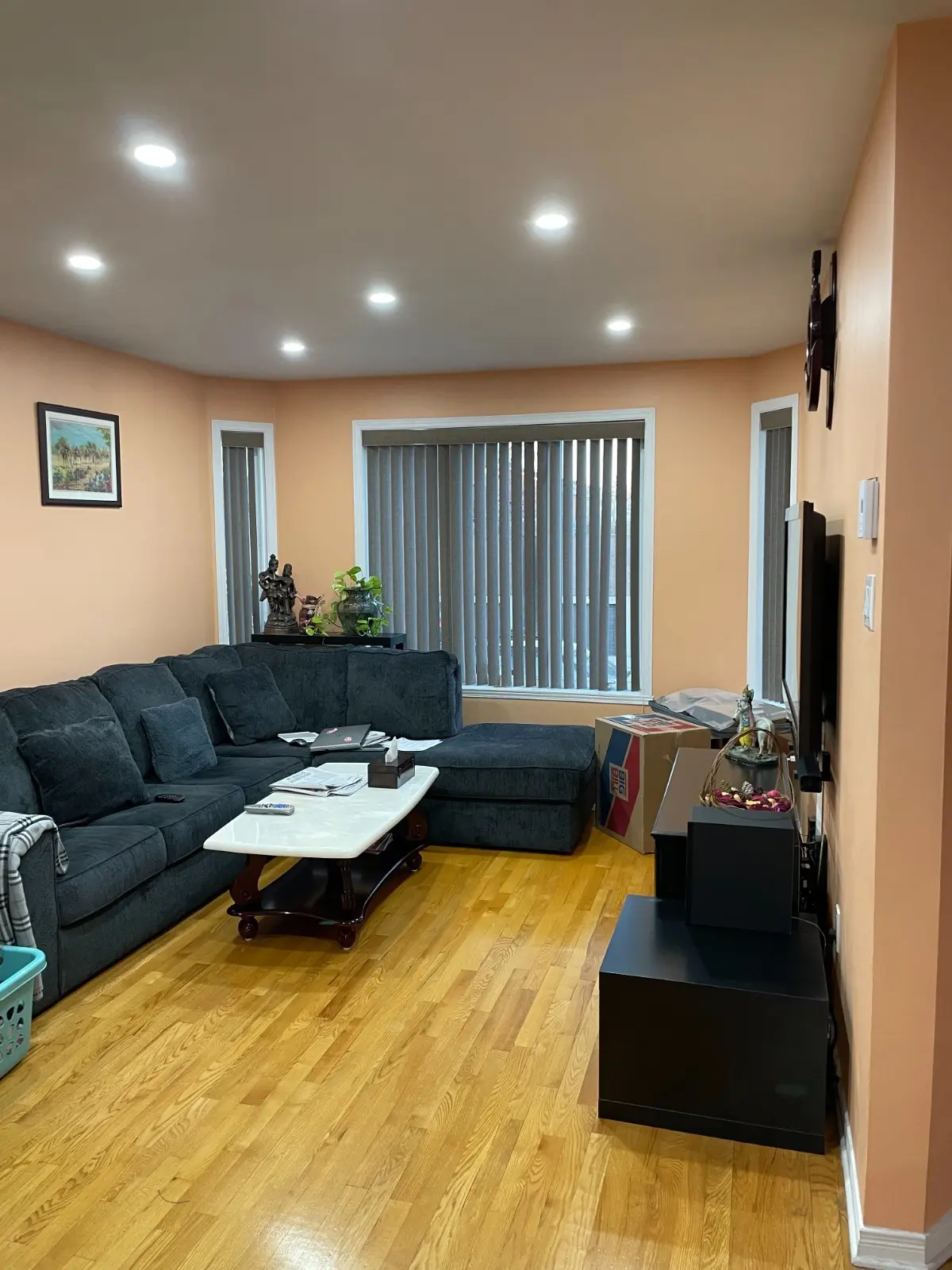 Transformation professionnelle d’un salon intérieur par Pro Paint Plus, avec des murs pêche, des planchers de bois franc et un éclairage encastré.