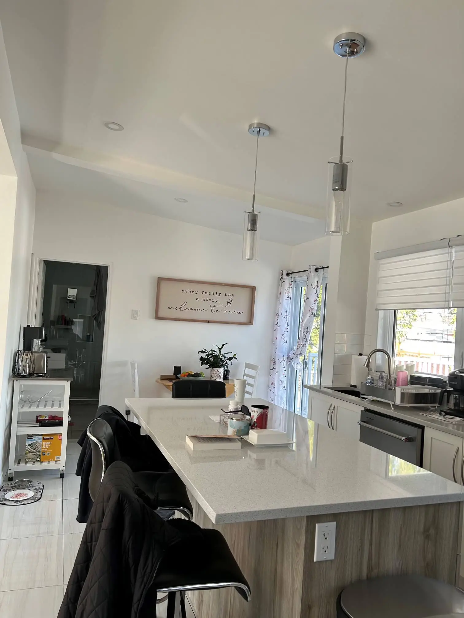 Bright minimalist kitchen featuring crisp white walls, quartz island, and high-quality interior residential painting by Pro Paint Plus.